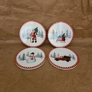 Christmas Ceramic Coasters Snowman Sleigh Santa Vintage Striped Truck 4ct